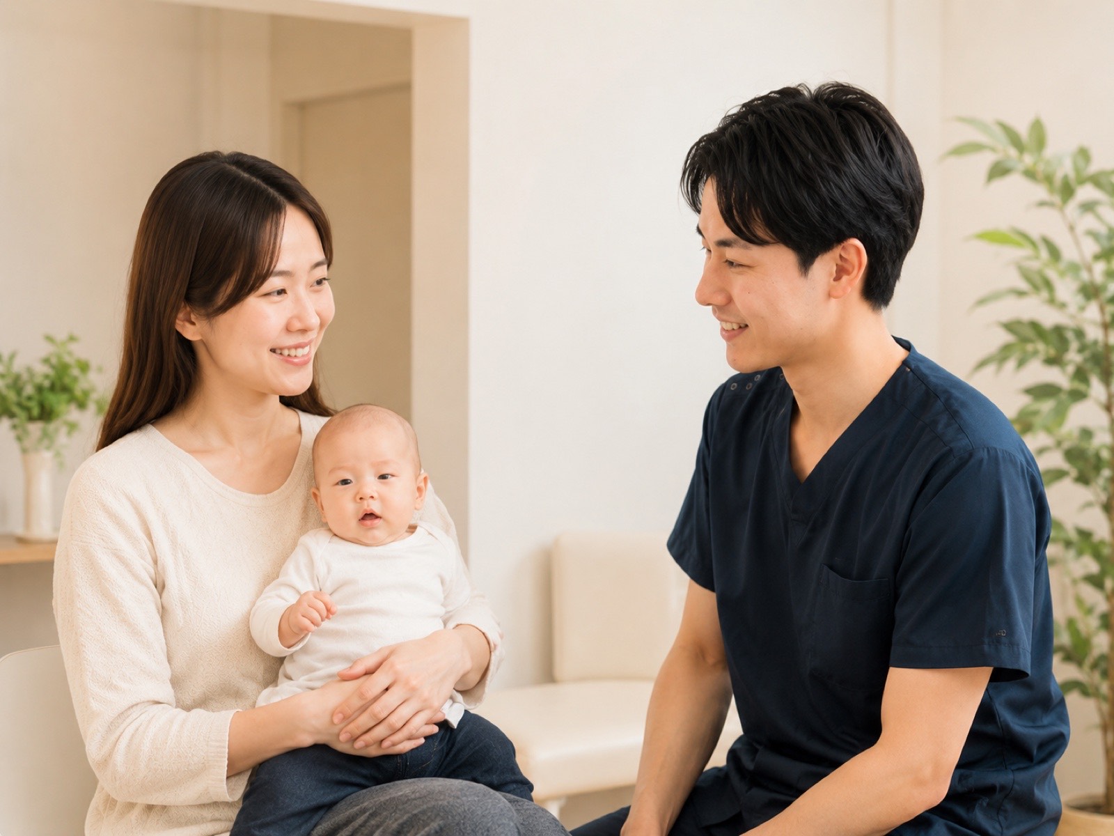 赤ちゃんを抱いた女性と施術者