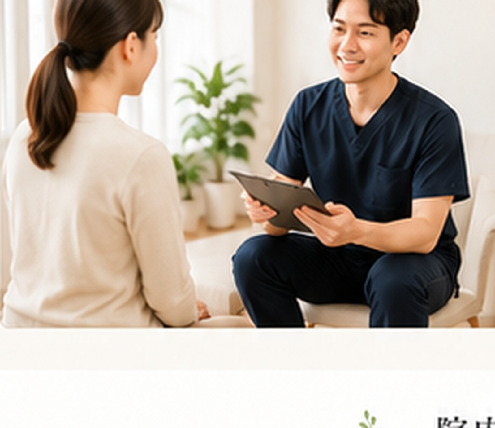 施術者が患者と向かい合ってカウンセリングしている様子