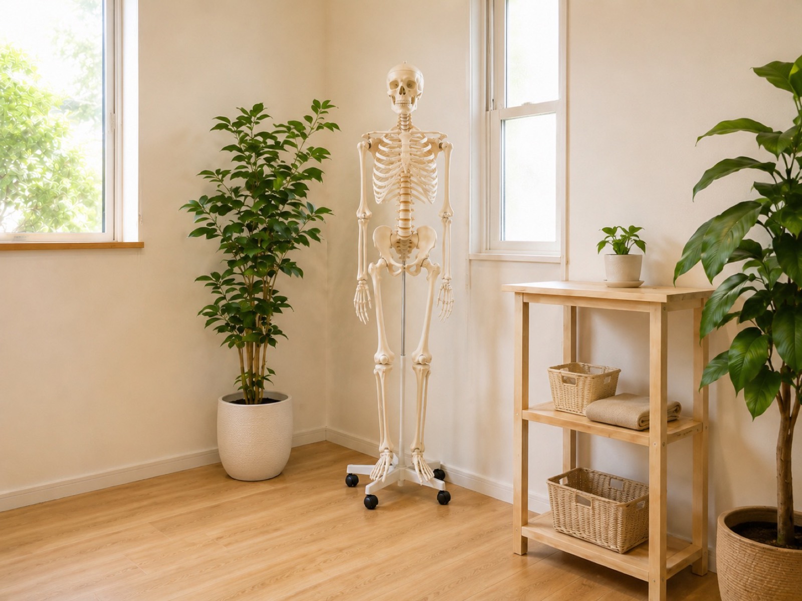 骨格模型と植物がある院内の一角