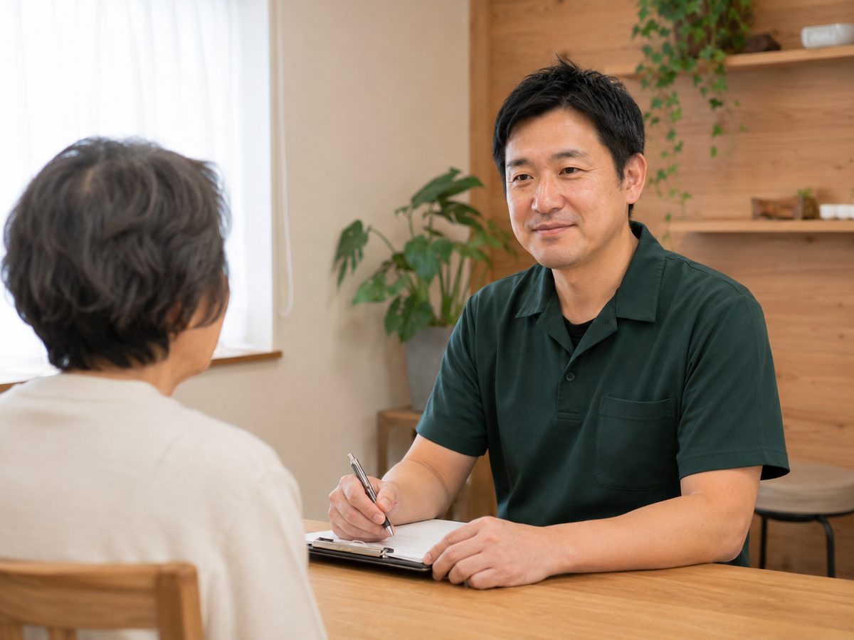 施術の前に、机をはさんでお話を伺う院長（掲載イメージ）