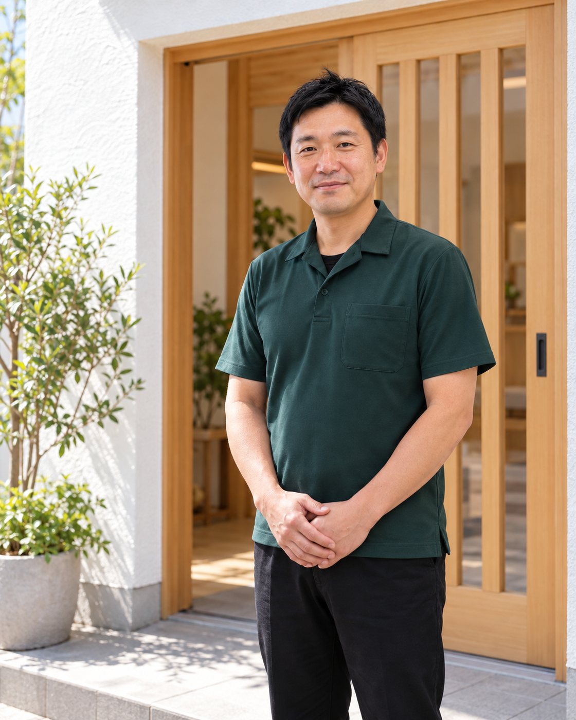 院の玄関の前に立つ院長（掲載イメージ）