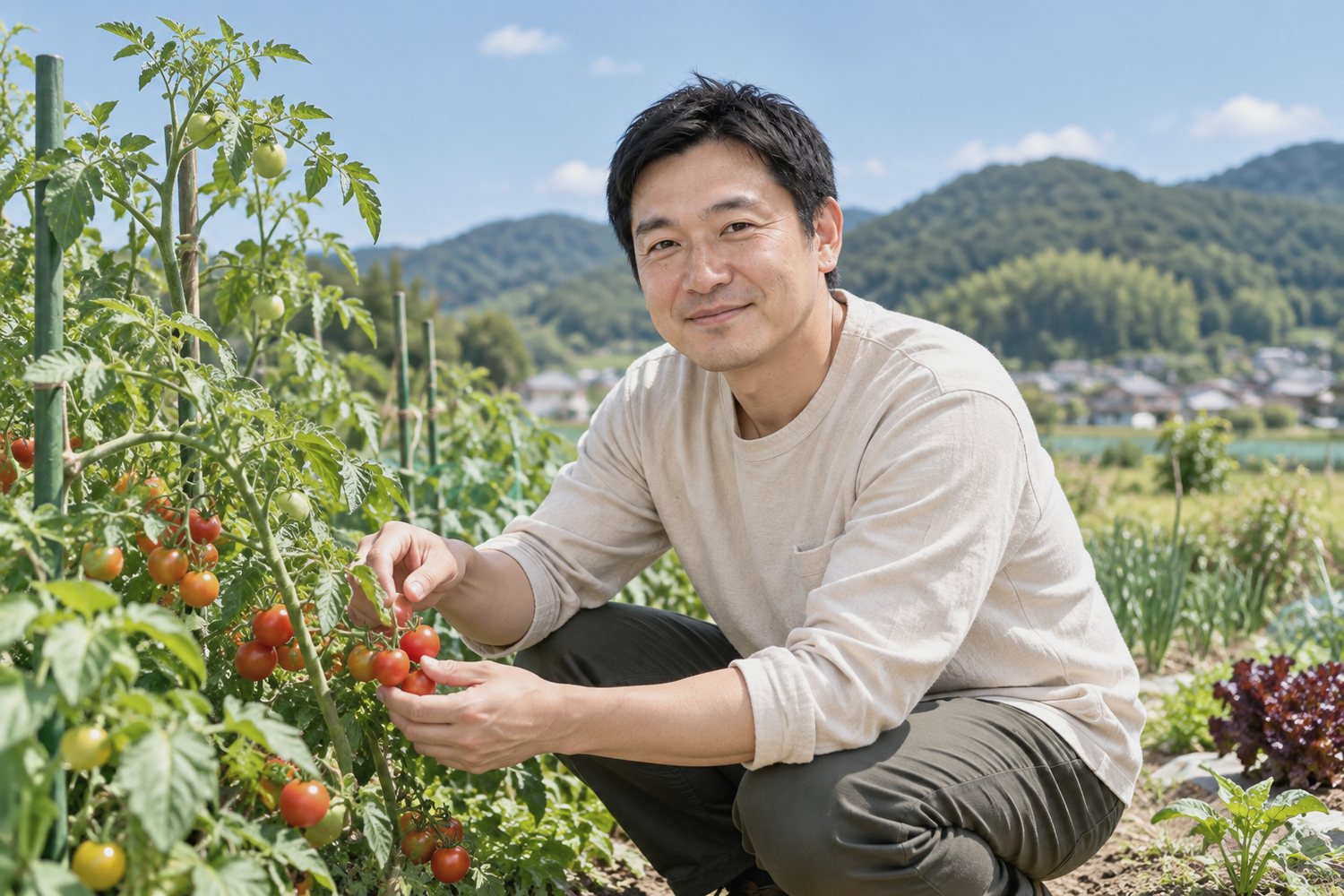 家庭菜園でトマトの手入れをする院長（掲載イメージ）