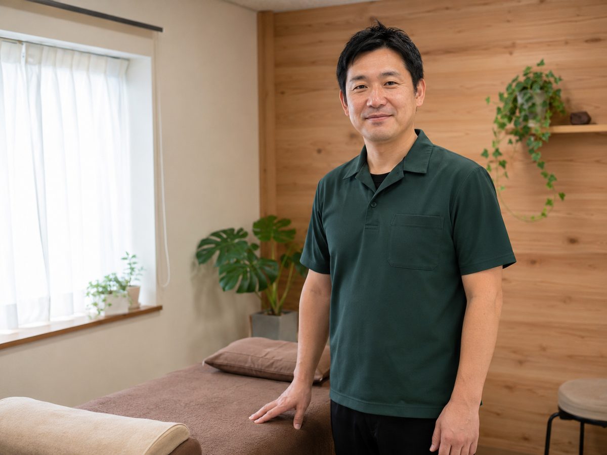 施術室に立つ、たかの整体院の院長（掲載イメージ）