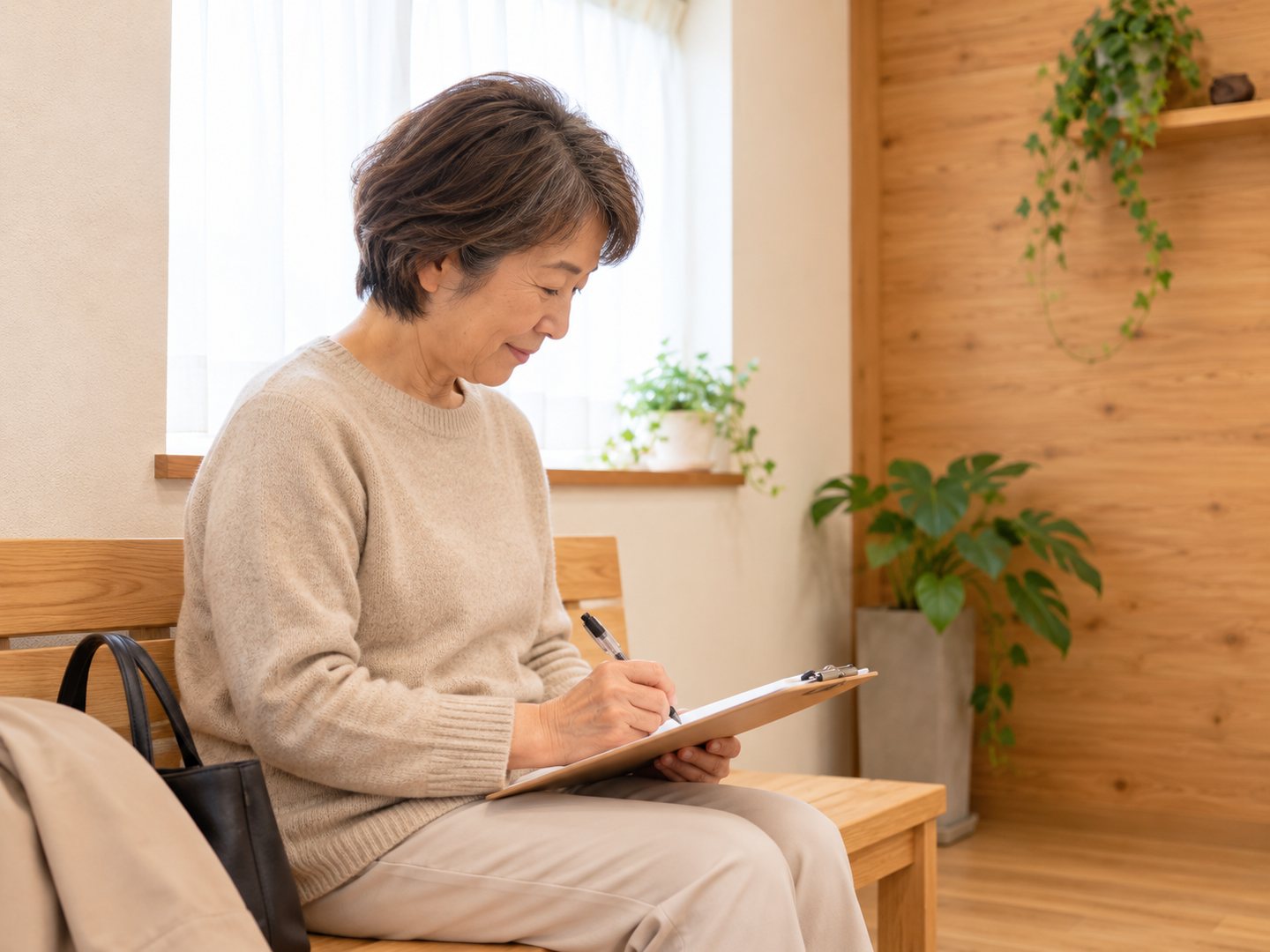 待合の長椅子で、問診票に記入する女性（掲載イメージ）