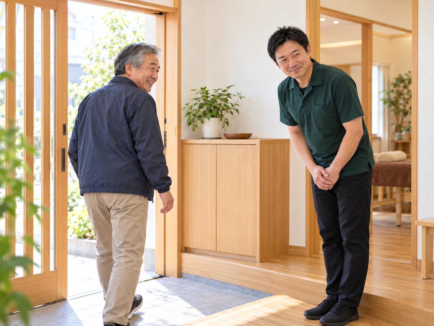 施術を終えたお客様を、玄関で見送る院長（掲載イメージ）