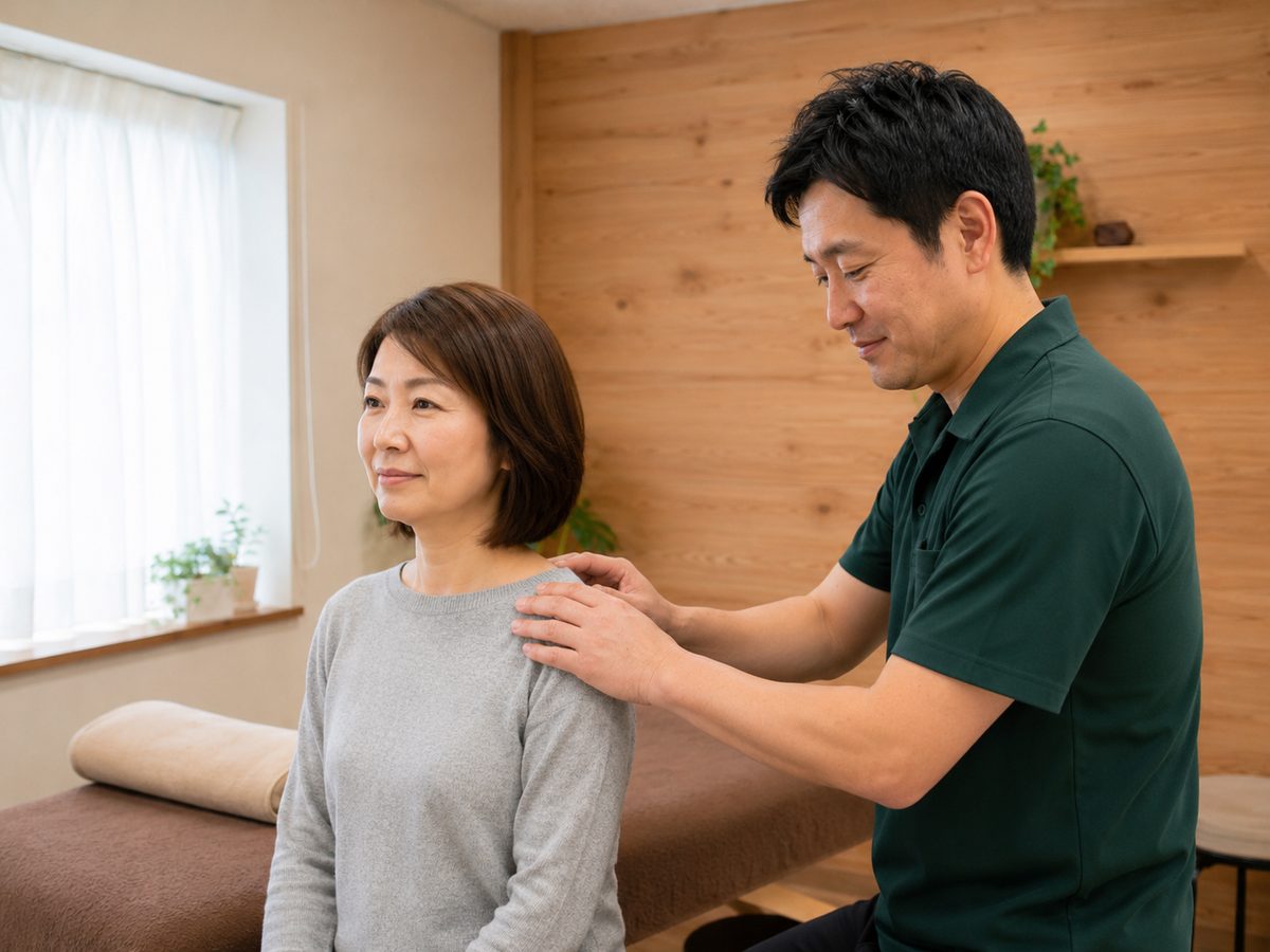 肩に手を添えて、状態を確かめる院長（掲載イメージ）