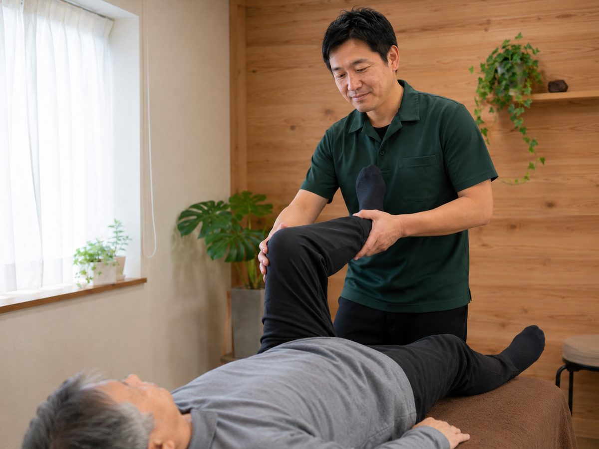 仰向けの方の膝を支えて、ゆっくり動かす院長（掲載イメージ）