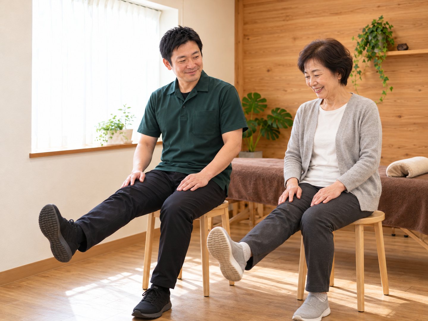椅子に座って、膝を伸ばす体操を一緒にする院長とお客様（掲載イメージ）