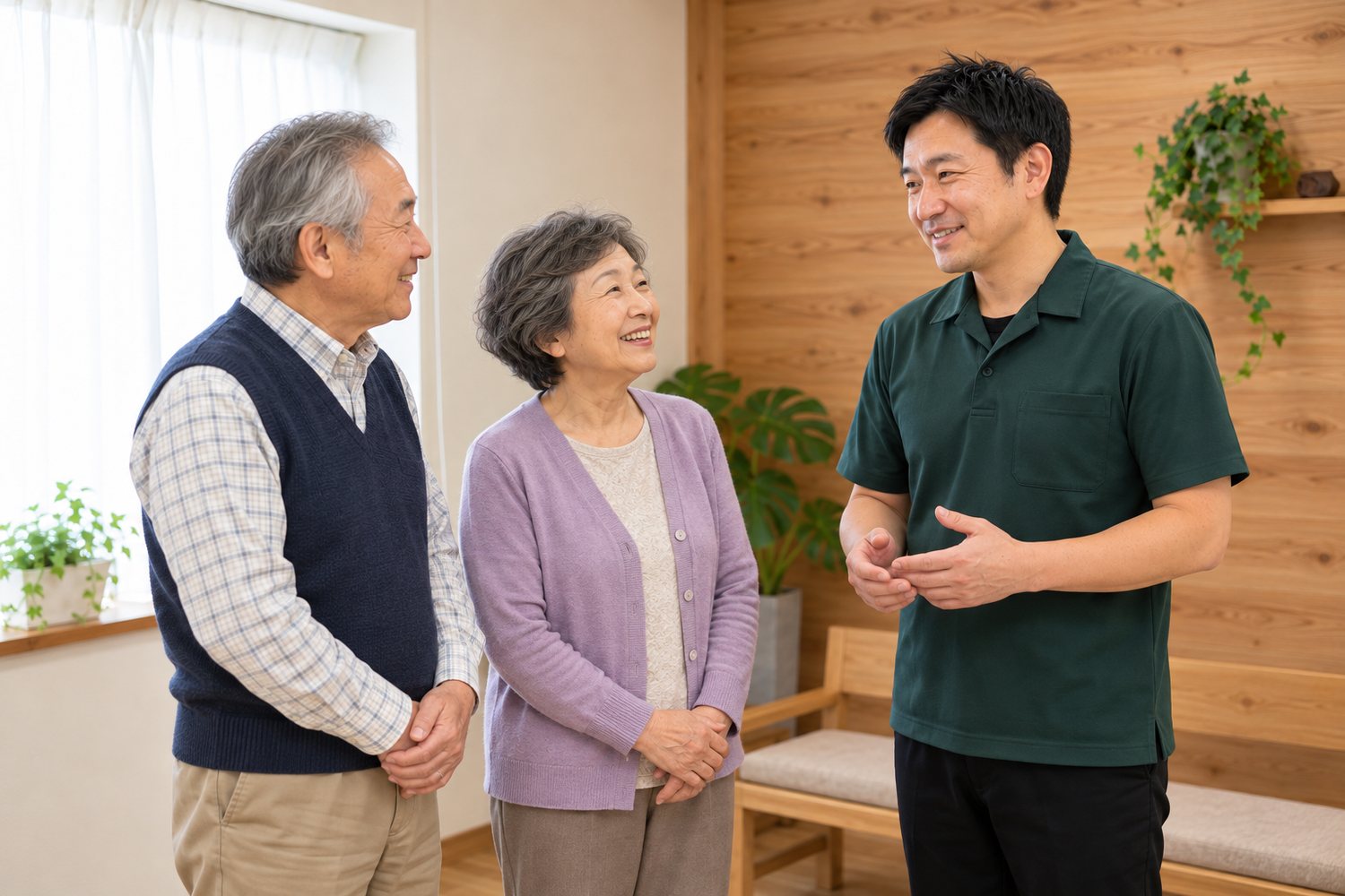 待合で、施術を終えたご夫婦と立ち話をする院長（掲載イメージ）