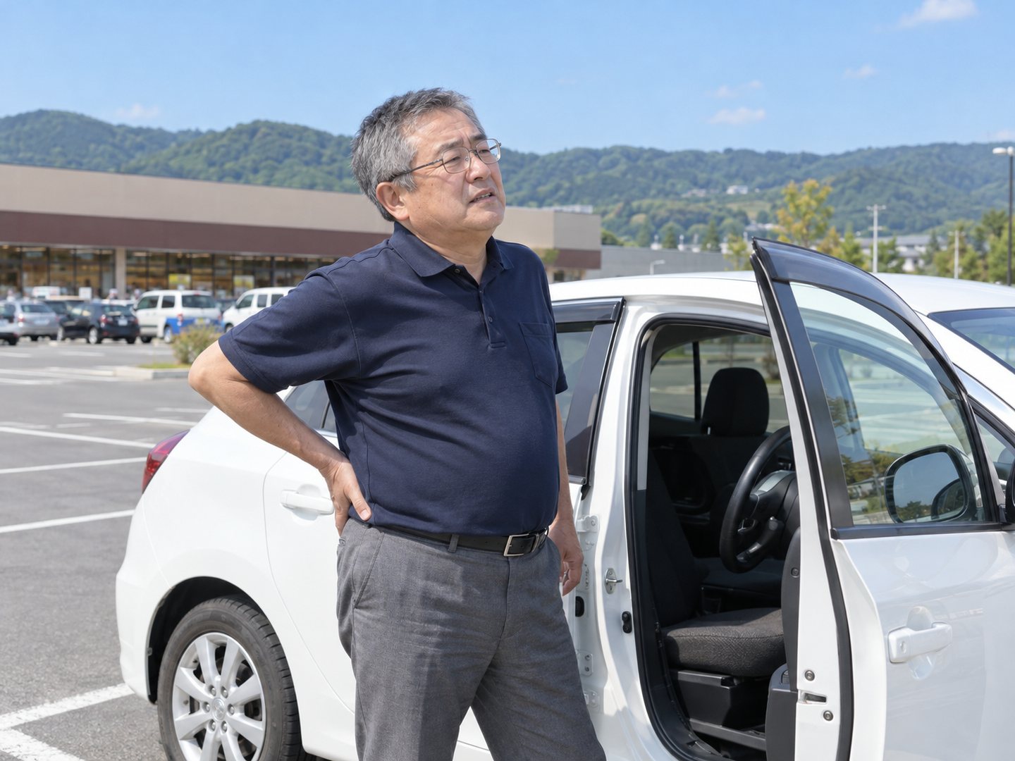 車から降りて、腰に手を当てて伸ばす男性（掲載イメージ）