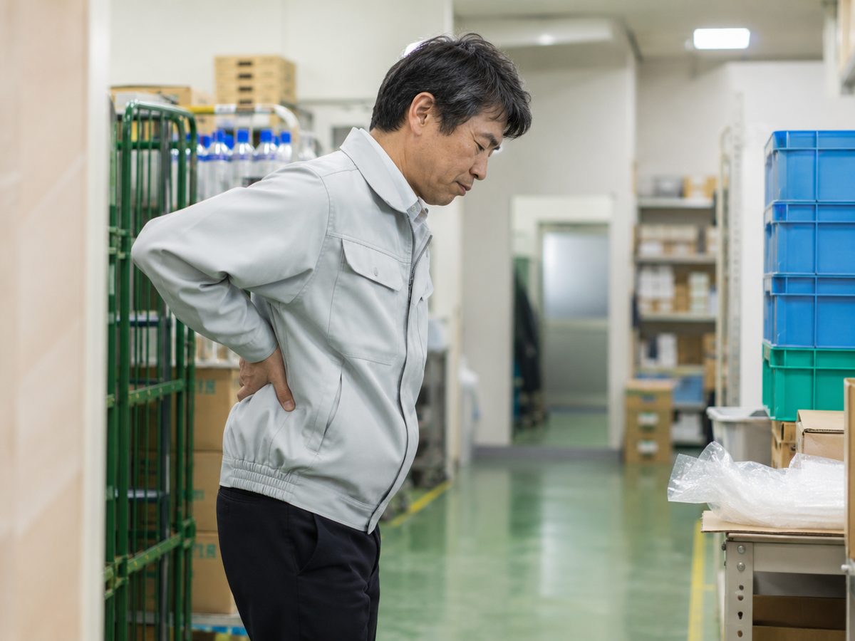 立ち仕事の合間に、腰に手を当てる男性（掲載イメージ）