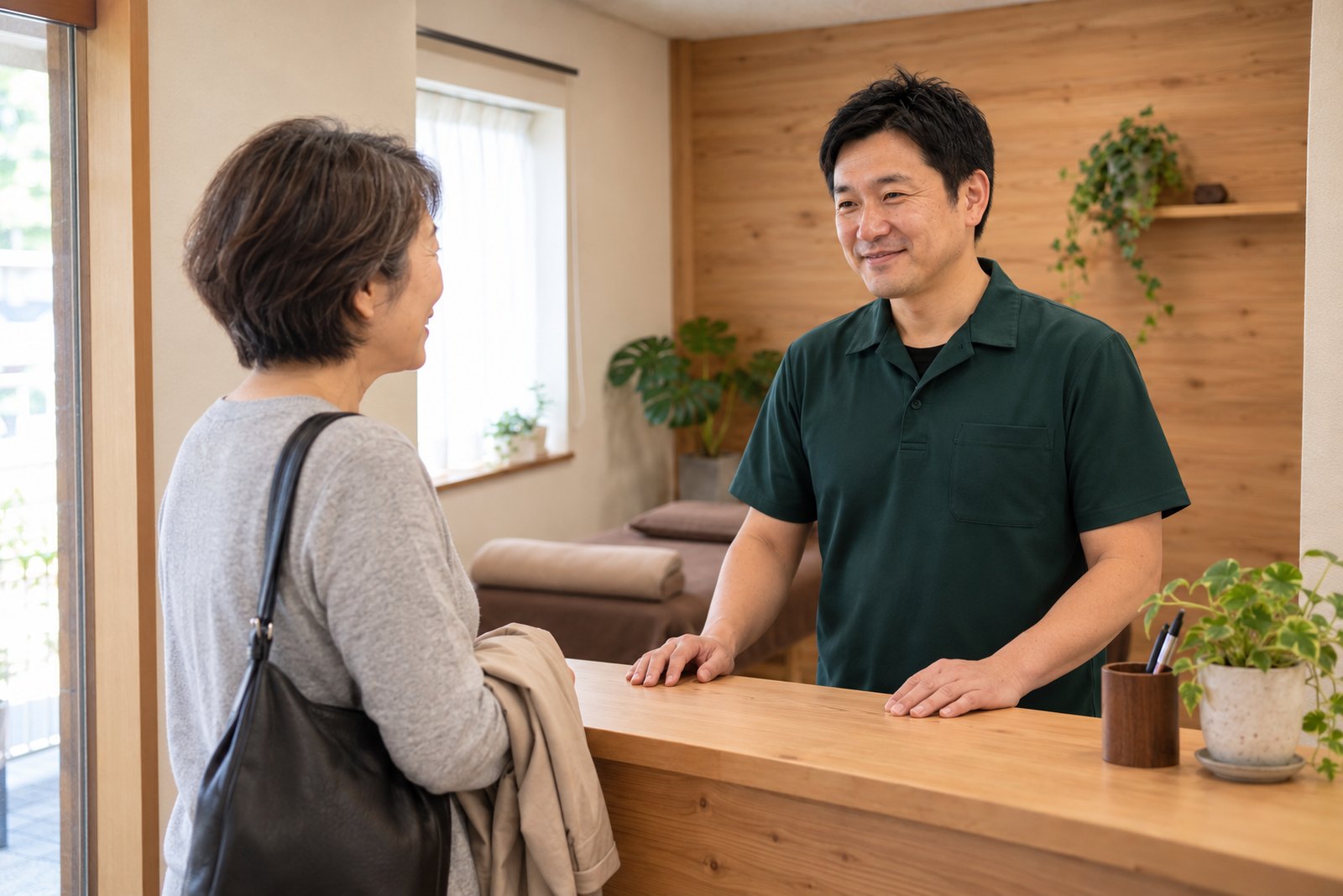 木のカウンターの受付でお客様を迎える院長（掲載イメージ）