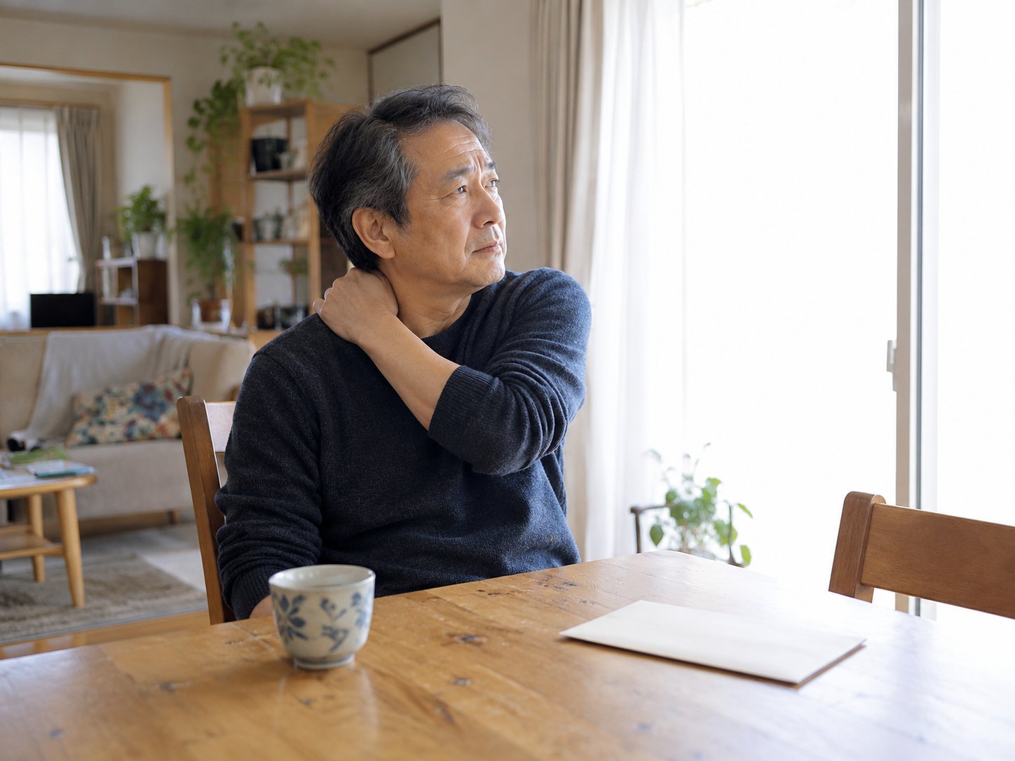 首から肩をさすりながら窓の外を見る男性（掲載イメージ）