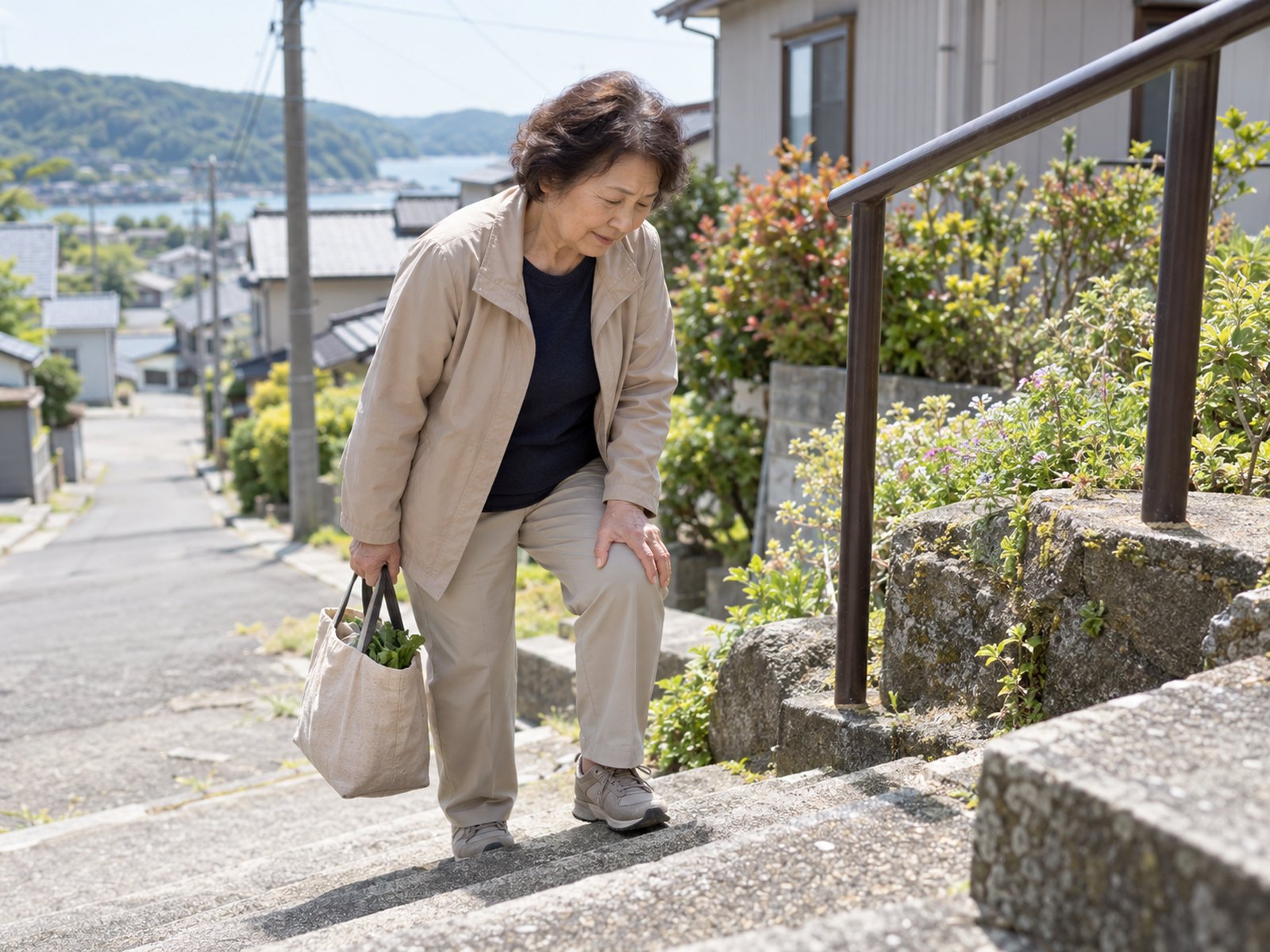 歩いている途中で膝に手を当てる人（掲載イメージ）