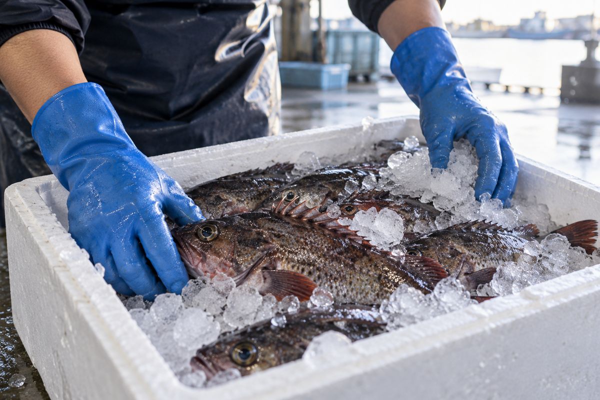 配達の前に魚と氷を箱に詰める手元（掲載イメージ）