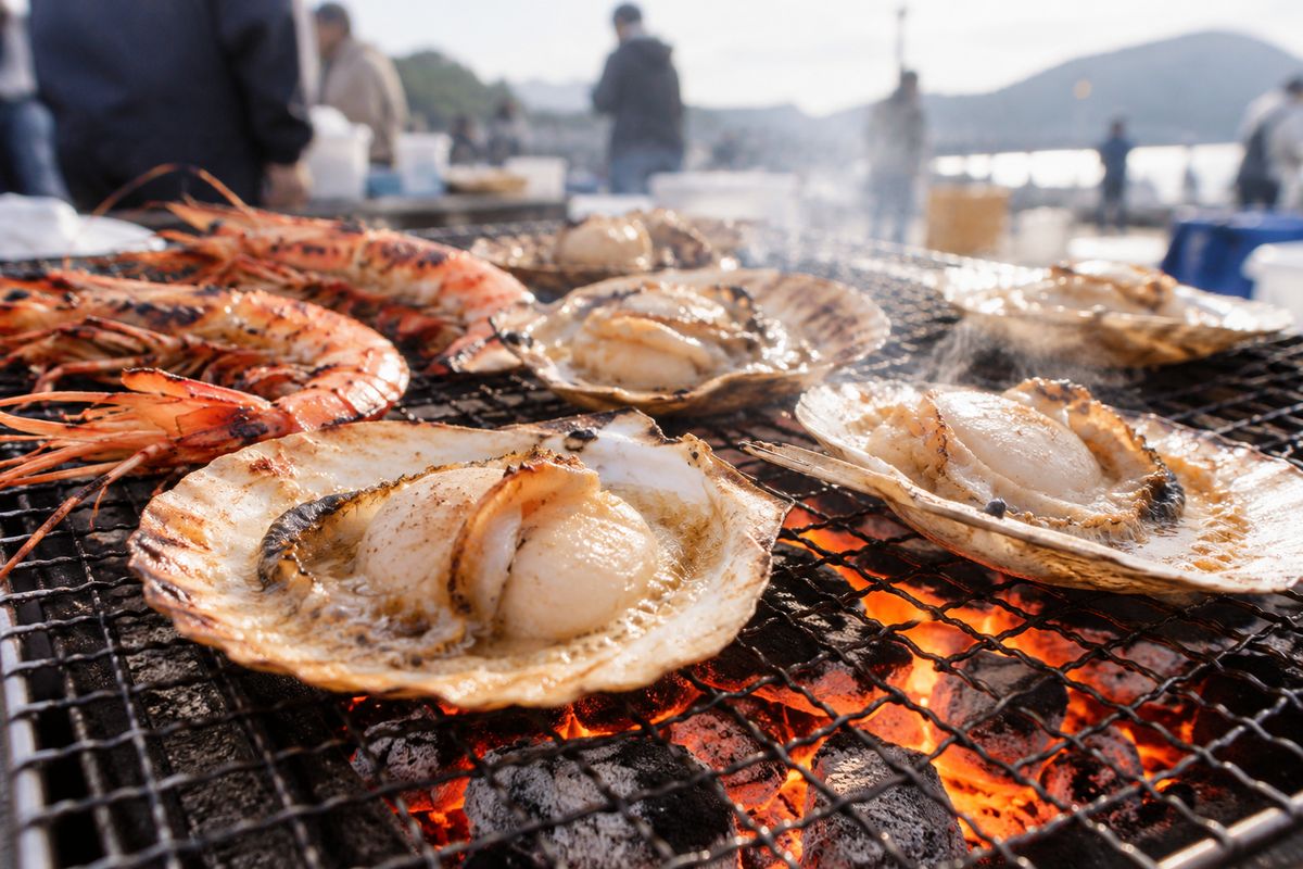 炭火でホタテとえびを焼いている様子（掲載イメージ）