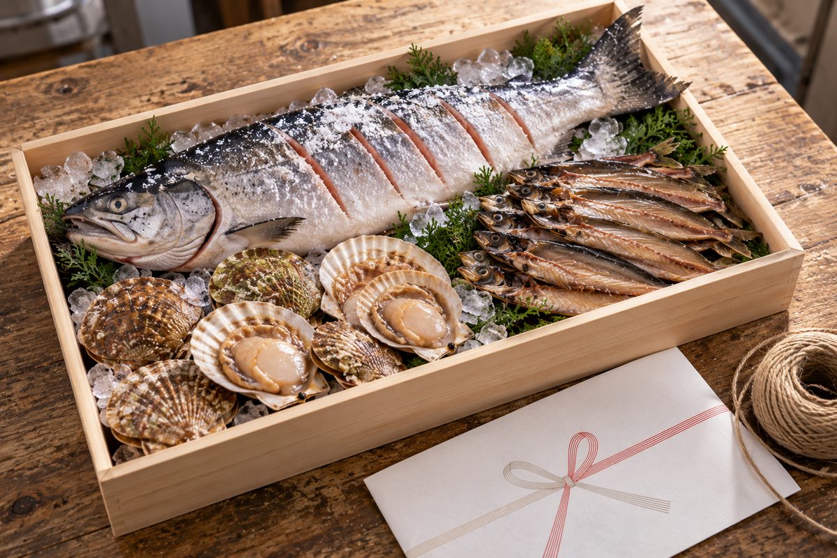 年末の贈り物として木箱に詰めたサケと魚介(掲載イメージ)