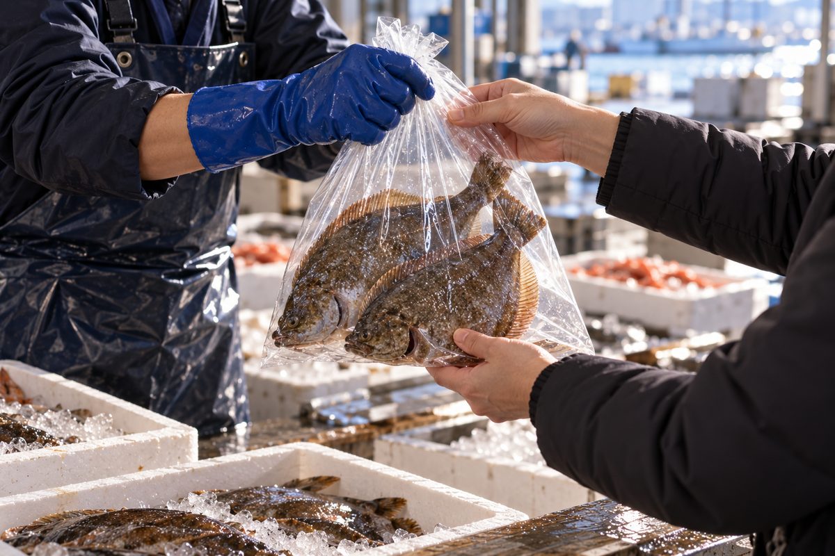 市場の店先で袋に入れた魚を手渡す様子(掲載イメージ)
