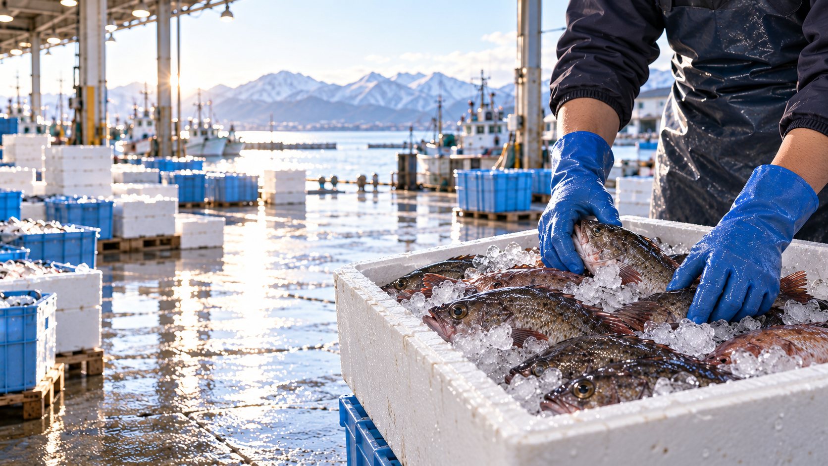 市場の場内で魚を仕分けする手元（掲載イメージ）