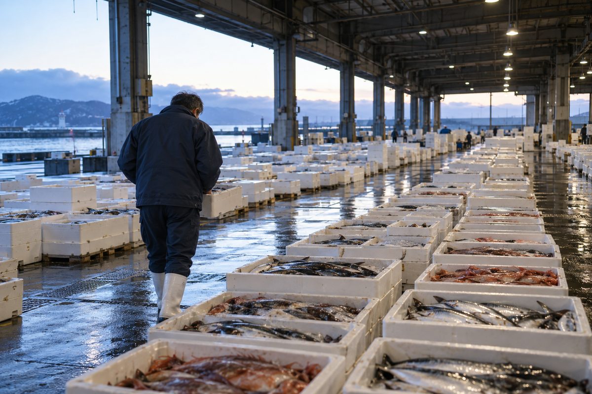 夜明け前の市場で並んだ箱の魚を見て回る人の後ろ姿(掲載イメージ)