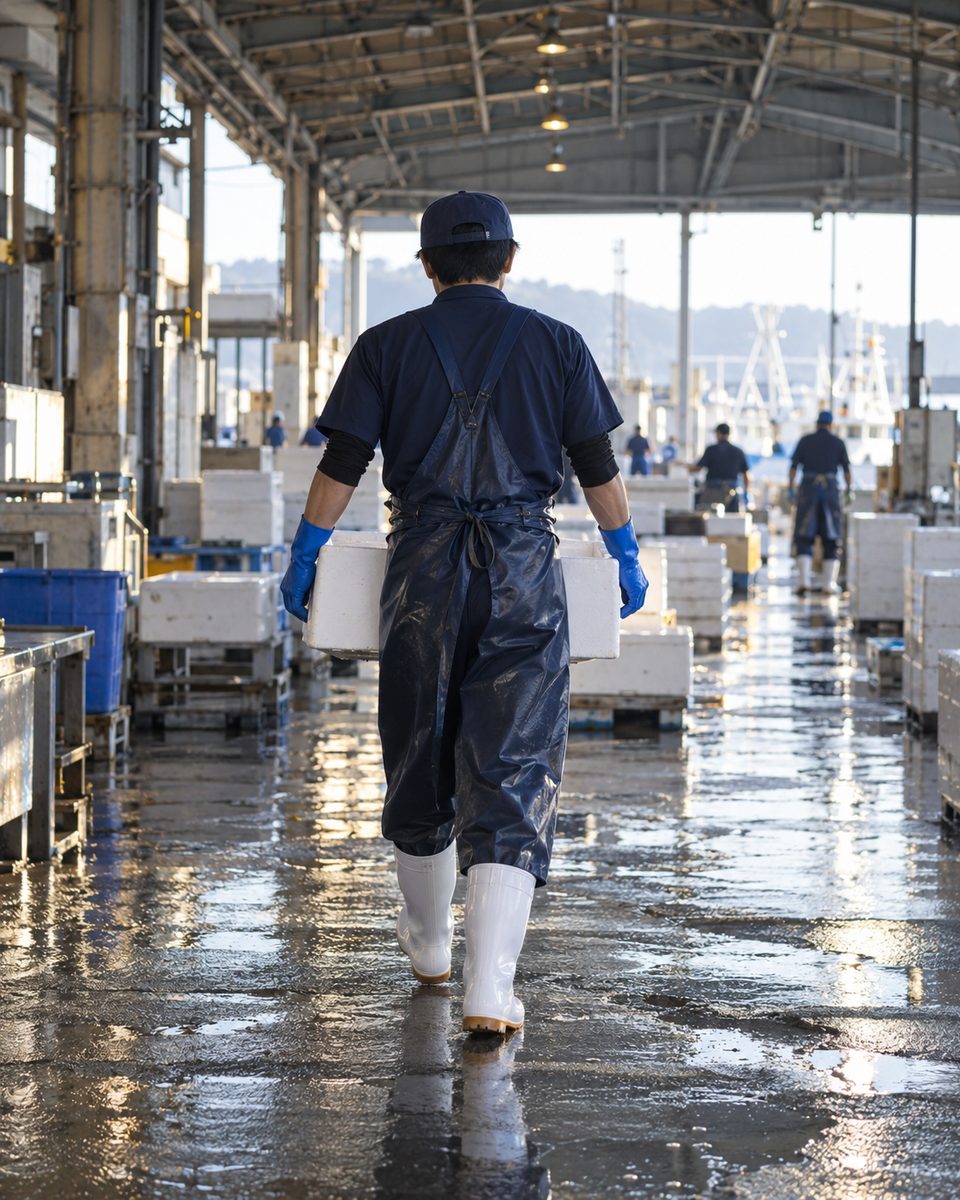 魚の入った箱を運ぶスタッフの後ろ姿(掲載イメージ)
