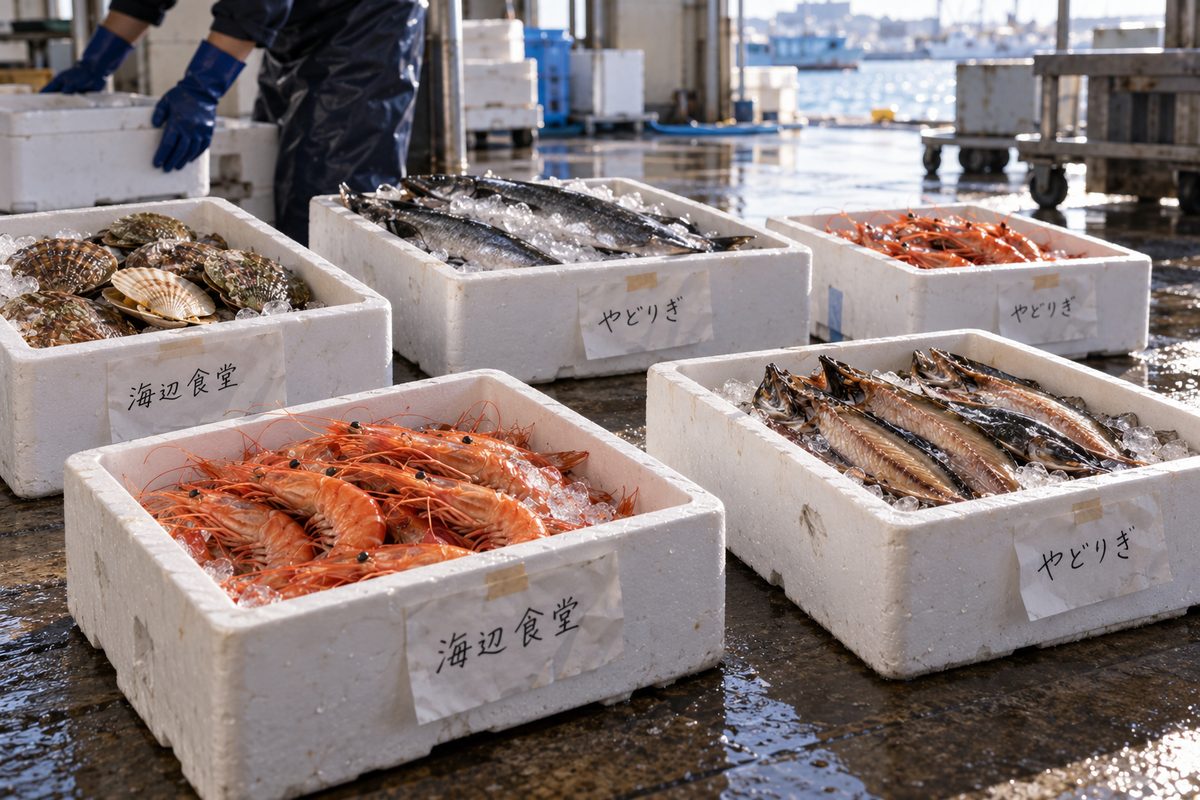 お店ごとに札を付けて並べた配達用の箱(掲載イメージ)