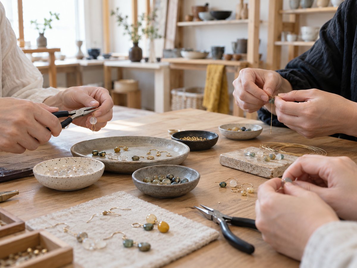 木の机の上で、真鍮の線と小さな石を使ってピアスを作る手元（掲載イメージ）