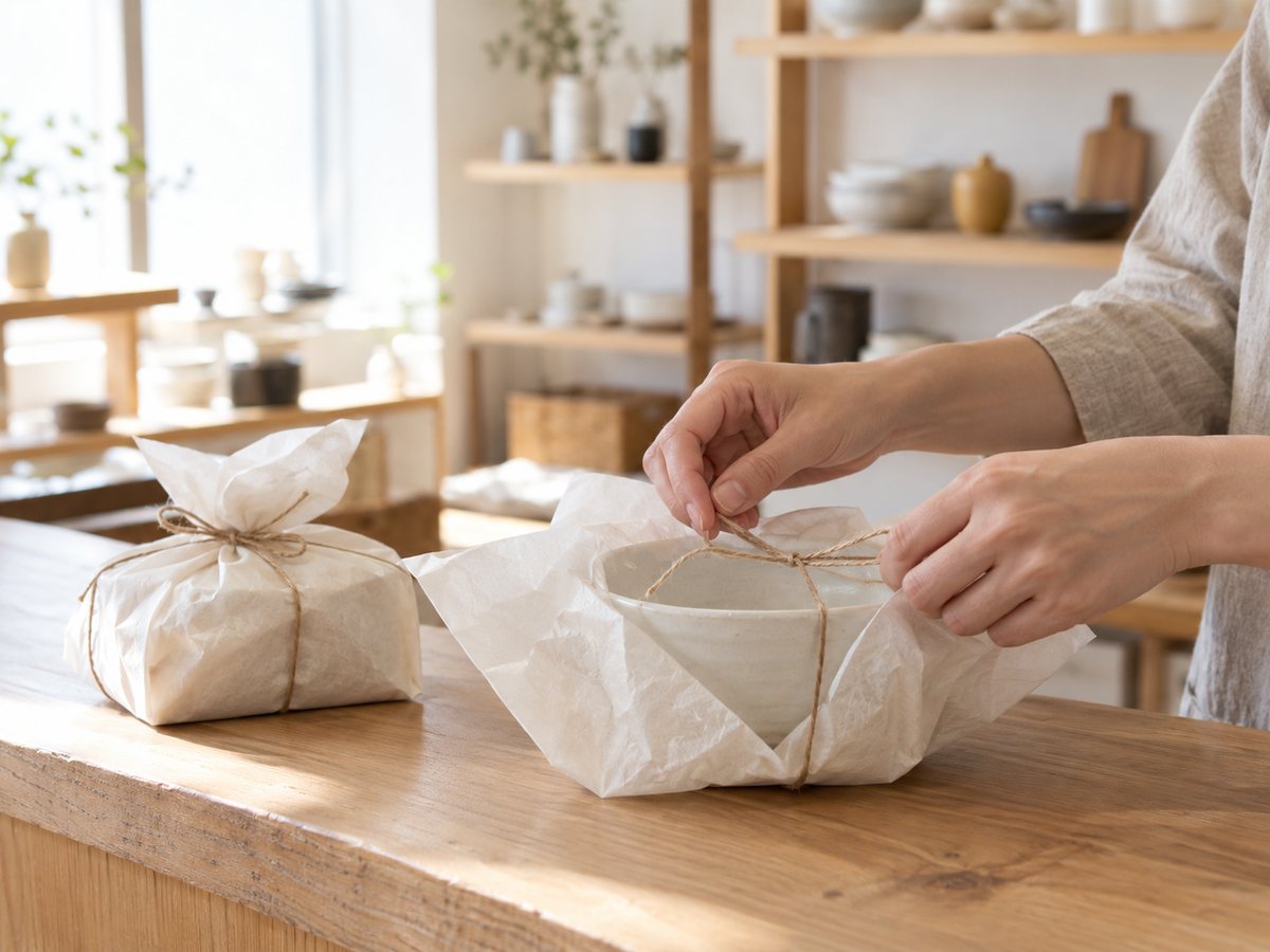 白い器を無地の薄紙で包み、麻ひもを結ぶ手元（掲載イメージ）