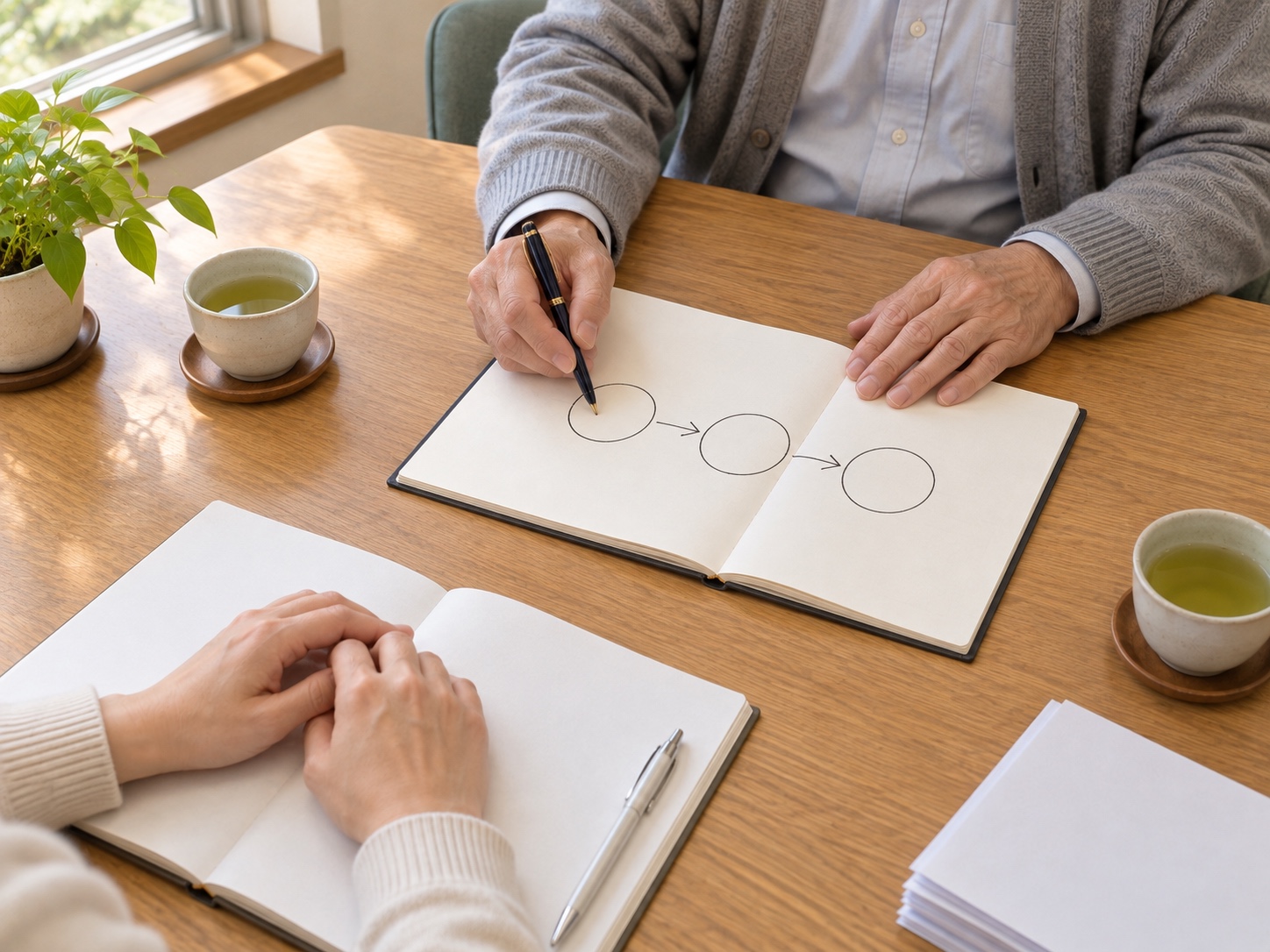 ノートに図を書きながら創業のご相談を受けている様子